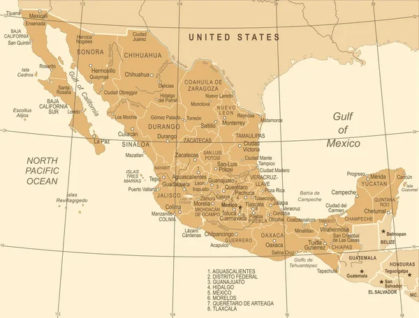 Messico Mappa - Illustrazione vettoriale vintage — Vettoriale Stock