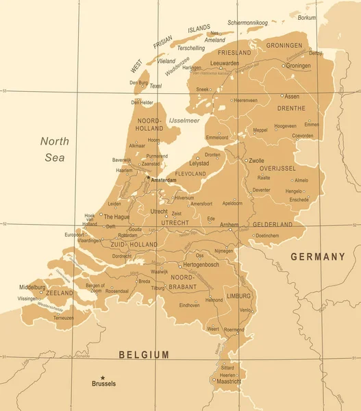 Países Bajos Mapa - Vintage Vector Illustration — Vector de stock