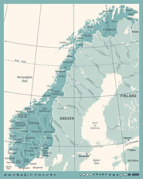 Norveç harita - Vintage vektör çizim — Stok Vektör