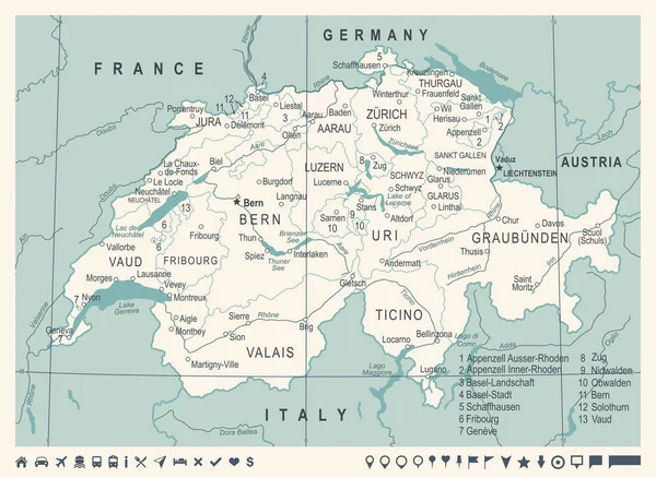 Schweiz Karte - Jahrgangsvektorillustration — Stockvektor