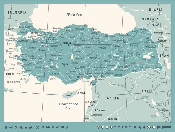 Turkije kaart - Vintage vectorillustratie — Stockvector