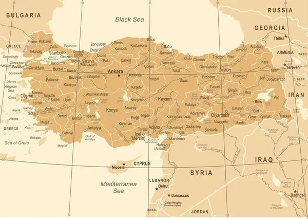 Turcja-Mapa - Vintage wektor ilustracja — Wektor stockowy