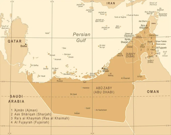 Vereinigte arabische Emirate Karte - Jahrgangsvektorillustration — Stockvektor