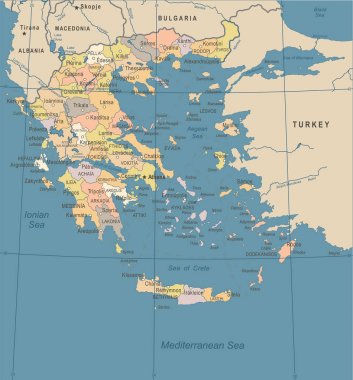 Yunanistan Haritası - Vintage detaylı vektör çizim