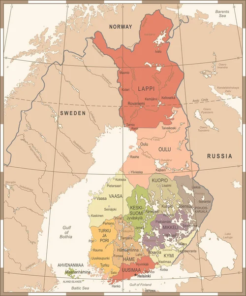 Finlandia Mappa - Illustrazione vettoriale dettagliata vintage — Vettoriale Stock