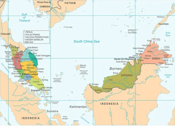 Malesia Mappa - Illustrazione vettoriale dettagliata — Vettoriale Stock