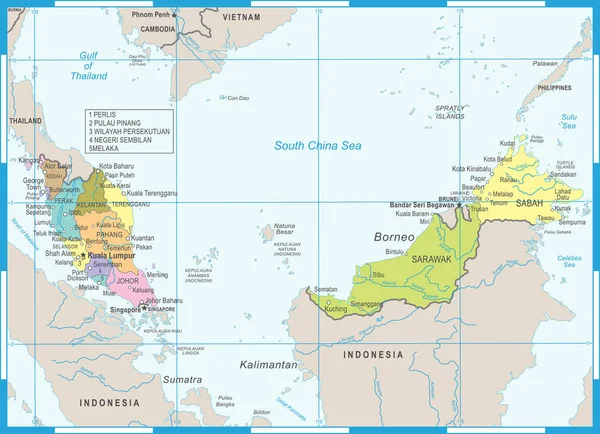 Χάρτης Μαλαισία - λεπτομερείς διανυσματικά εικονογράφηση — Διανυσματικό Αρχείο