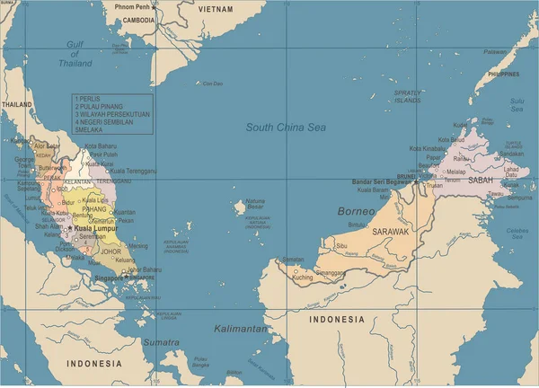 말레이시아 지도-빈티지 벡터 일러스트 레이 션 — 스톡 벡터