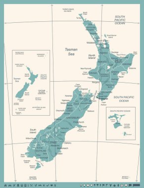 New Zealand Map - Vintage Vector Illustration
