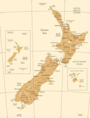 Yeni Zelanda Haritası - Vintage vektör çizim