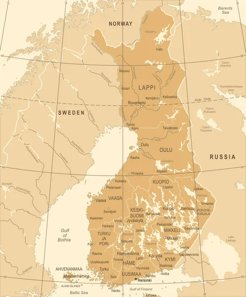 Φινλανδία Χάρτης - Vintage λεπτομερείς διανυσματικά εικονογράφηση — Διανυσματικό Αρχείο