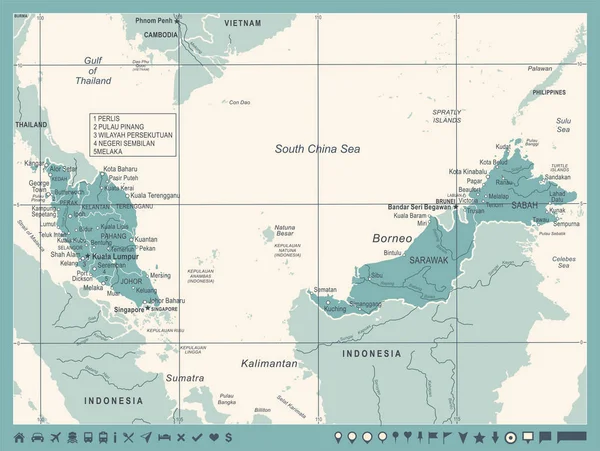 Карта Малайзии - Винтажные векторные иллюстрации — стоковый вектор
