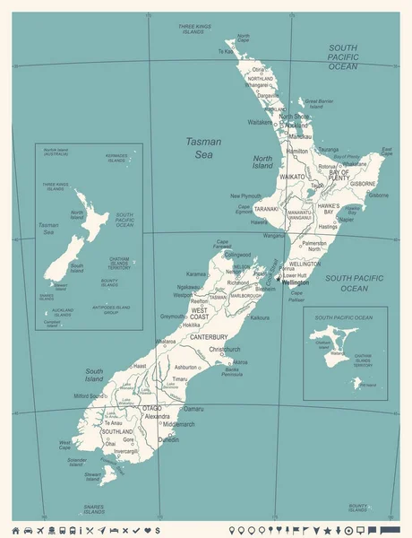 Mapa da Nova Zelândia - Ilustração do Vetor Vintage — Vetor de Stock