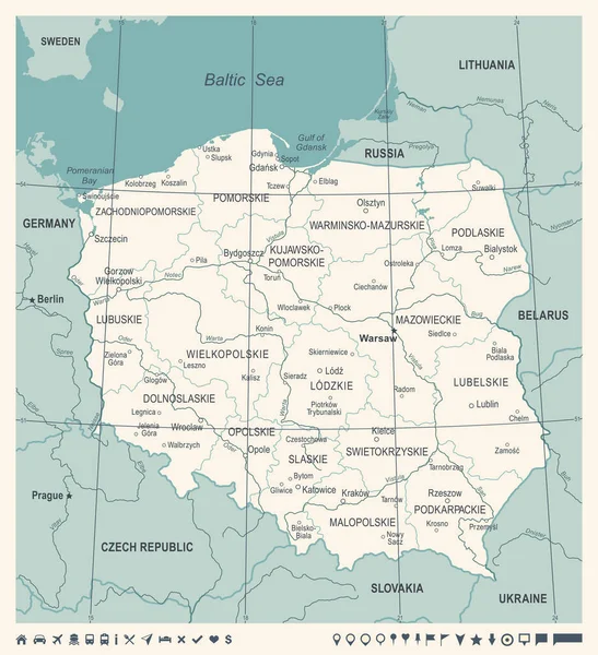 Χάρτης Πολωνίας - εκλεκτής ποιότητας διανυσματικά εικονογράφηση — Διανυσματικό Αρχείο