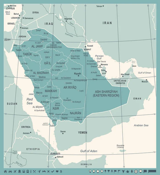 Mapa de Arabia Saudita - Vintage Vector Illustration — Archivo Imágenes Vectoriales