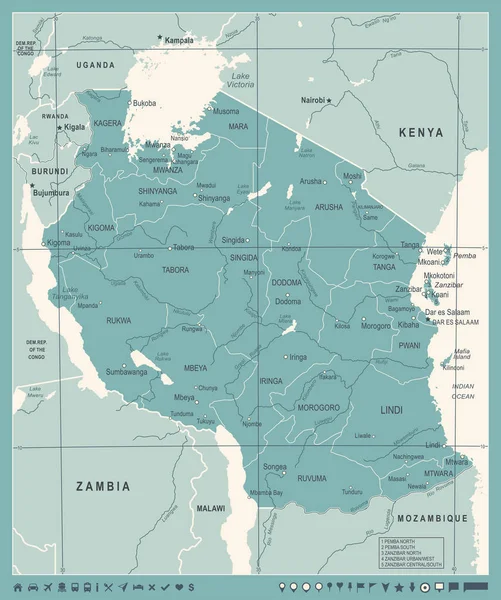 Mapa de Tanzania - Ilustración vectorial vintage — Vector de stock