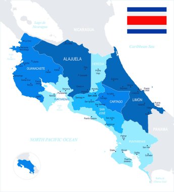 Kosta Rika - harita ve bayrak - detaylı vektör çizim