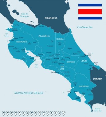 Kosta Rika - harita ve bayrak - detaylı vektör çizim