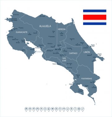 Kosta Rika - harita ve bayrak - detaylı vektör çizim