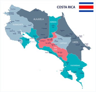 Kosta Rika - harita ve bayrak - detaylı vektör çizim