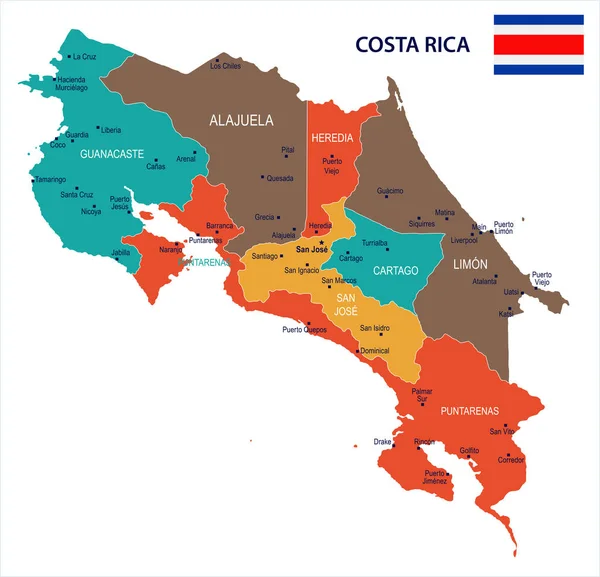 Costa Rica mapa y bandera ilustración vectorial detallada — Vector de stock