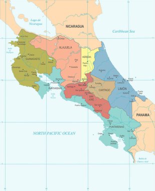 Kosta Rika Haritası - detaylı vektör çizim