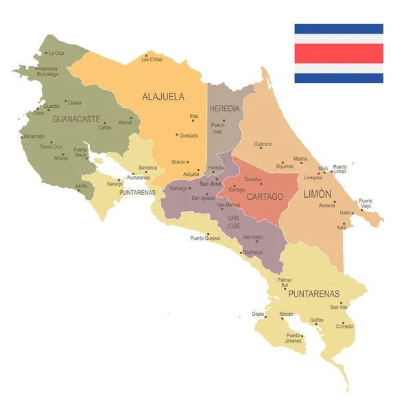 Costa Rica - Mapa e bandeira vintage - Ilustração vetorial detalhada —  Vetores de Stock