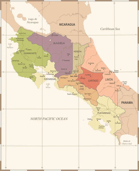 Mapa da Costa Rica - Ilustração vetorial detalhada vintage —  Vetores de Stock