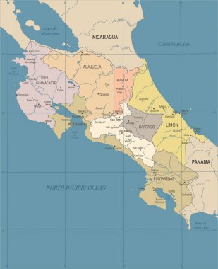 Kosta Rika Haritası - Vintage detaylı vektör çizim