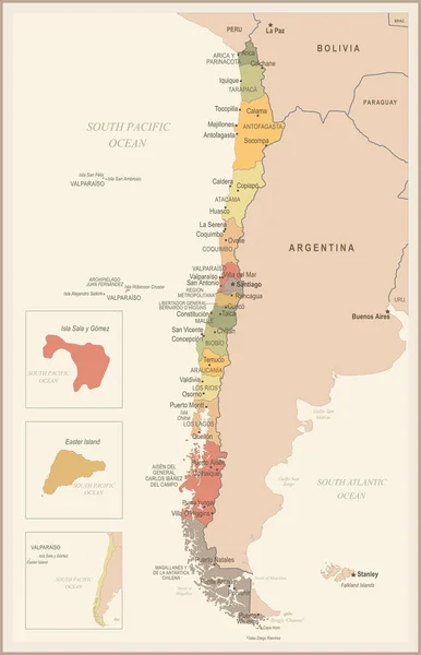 チリ - ビンテージ マップとフラグ - 詳細なベクトル イラスト — ストックベクタ
