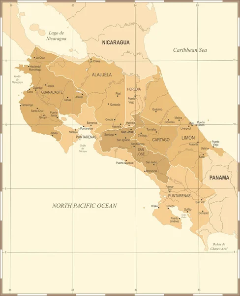 Mappa Costa Rica - Illustrazione vettoriale dettagliata vintage — Vettoriale Stock