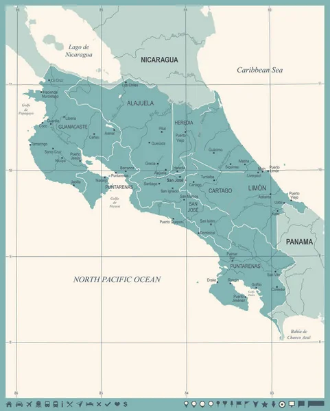 Mapa de Costa Rica - Vintage ilustración vectorial detallada — Vector de stock