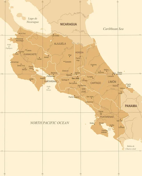 Mappa Costa Rica - Illustrazione vettoriale dettagliata vintage — Vettoriale Stock