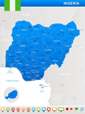 Nijerya - harita, bayrak ve gezinme simgeleri - detaylı vektör çizim