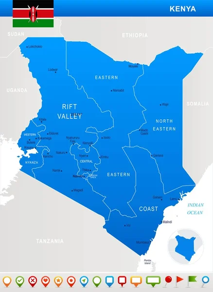 Kenya - harita, bayrak ve gezinme simgeleri - detaylı vektör çizim — Stok Vektör