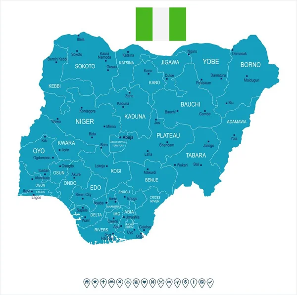 Nigeria - mapy i flagi - Szczegółowa ilustracja wektorowa — Wektor stockowy