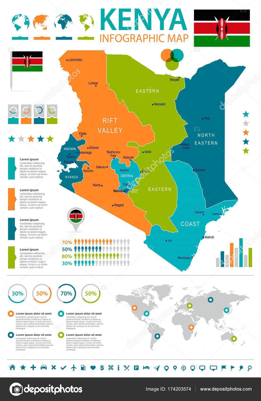 Kenya infographic map and flag Detailed Vector Illustration Stock