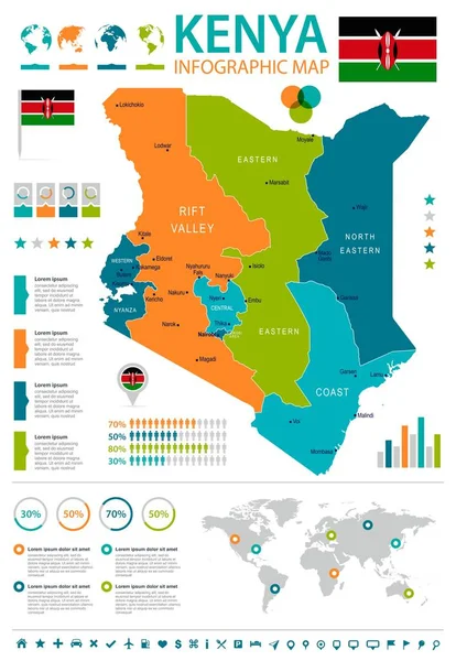 Kenya - mappa infografica e bandiera - Illustrazione vettoriale dettagliata — Vettoriale Stock