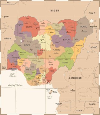 Nijerya Haritası - Vintage detaylı vektör çizim