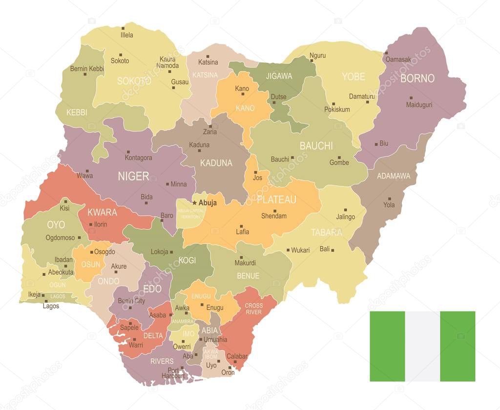 Nigeria - vintage map and flag - Detailed Vector Illustration