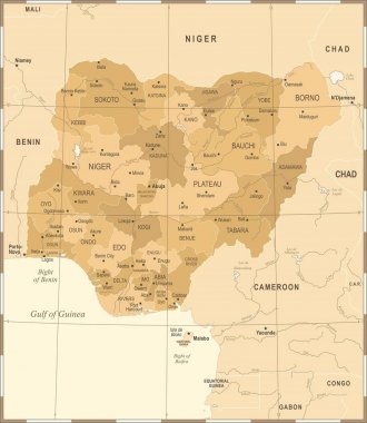 Nijerya Haritası - Vintage detaylı vektör çizim