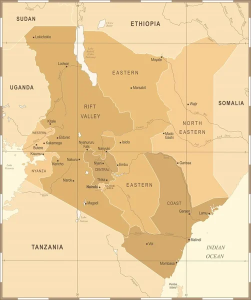 Kenya harita - Vintage detaylı vektör çizim — Stok Vektör