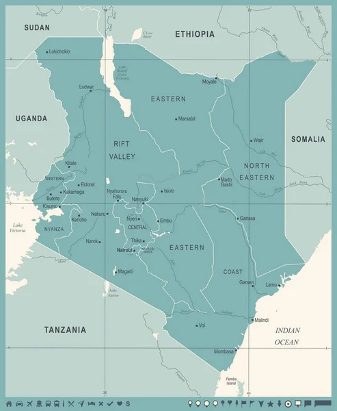 ケニア地図 - ヴィンテージの詳細なベクトル図 — ストックベクタ