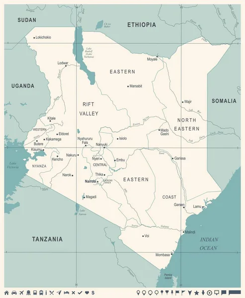 Kenya harita - Vintage detaylı vektör çizim — Stok Vektör