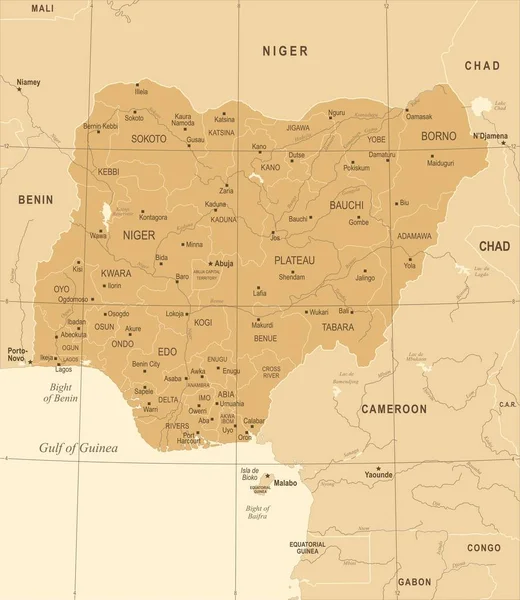 Nigéria Mapa - Vintage detalhada ilustração vetorial — Vetor de Stock