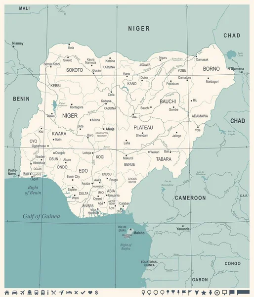 Mapa de Nigeria - Vintage ilustración vectorial detallada — Vector de stock