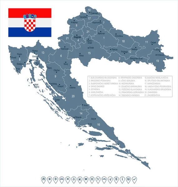 Chorwacja - Mapa i flagi - Szczegółowa ilustracja wektorowa — Wektor stockowy