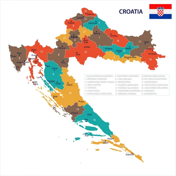 Kroatië - kaart en markeren van gedetailleerde vectorillustratie — Stockvector