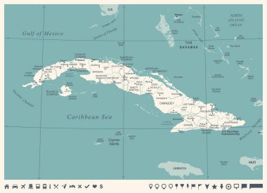 Küba Haritası - Vintage detaylı vektör çizim