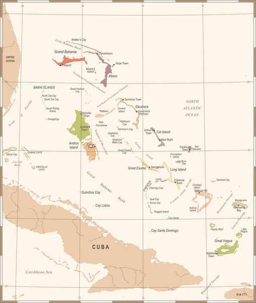 La mappa delle Bahamas - Illustrazione vettoriale dettagliata vintage — Vettoriale Stock